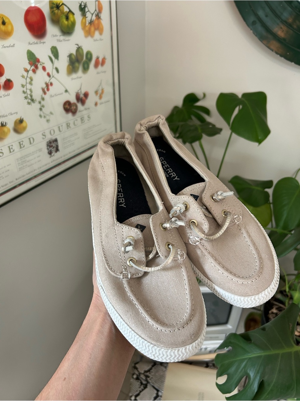 Sperry top-sider women’s slip on boat shoes light tan/cream colour with sparkle